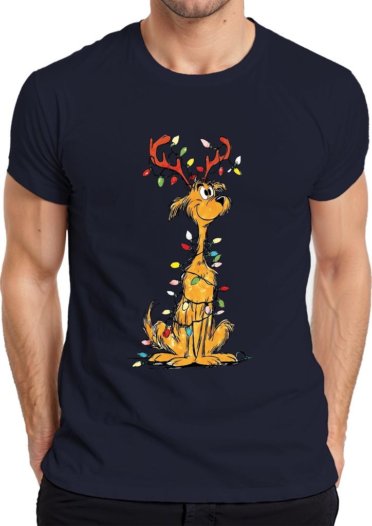 Weihnachtshund Rentier Lichterkette Lustig Geschenk Familie Retro Herren T-Shirt, Navy, XXL