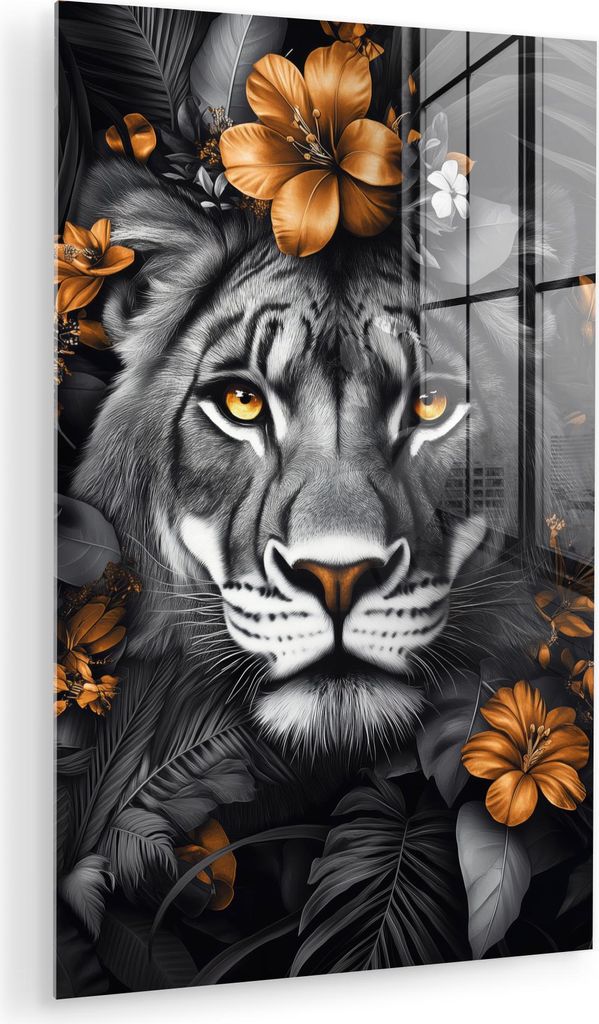 MuchoWow Glasbilder - Bilder auf Wandbild - Foto auf Glas Tiger - Schwarz und Weiß - Gold - Blumen - Botanisch 80x120 cm Wanddekoration aus Glas -...