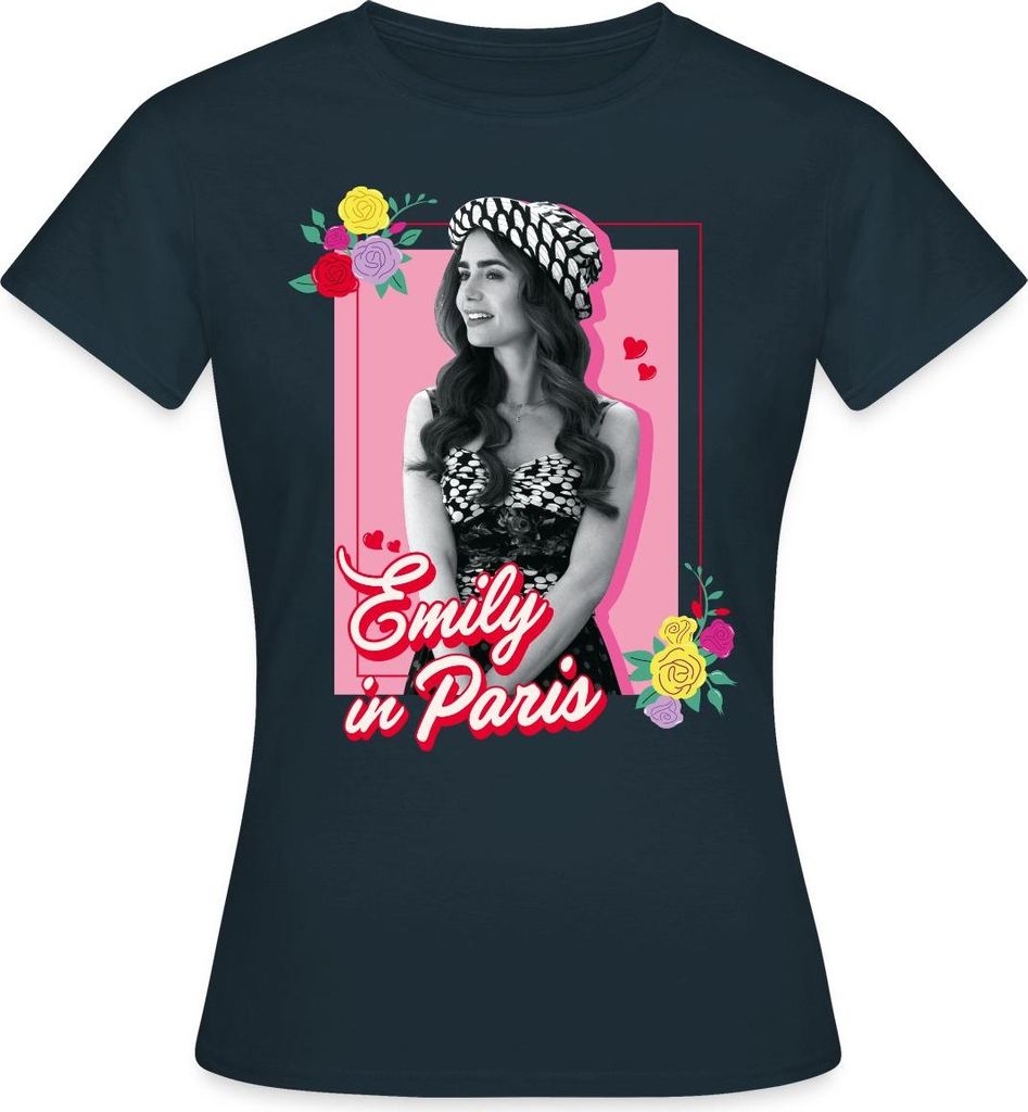 Spreadshirt Emily In Paris Emily Schwarz-Weiß Bild Mit Blumen Frauen T-Shirt, S, Navy