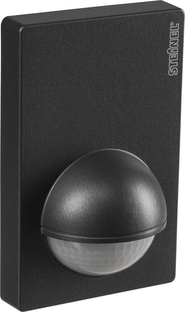 A black motion sensor mounted on a flat surface.
