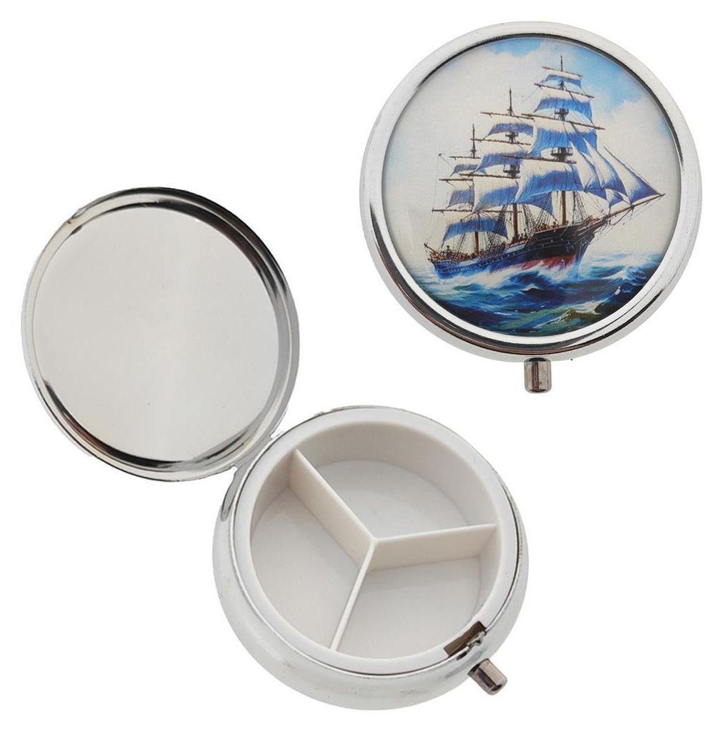Handliche Nostalgie Metall Pillendose mit Schiff Motiv und Produktbild 