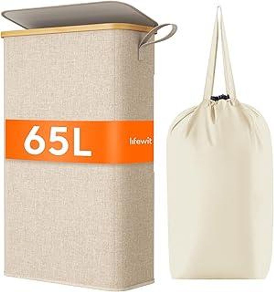 Lifewit 65L Wäschekorb Schmal mit Deckel, Faltbarer Wäschesammler Schmal mit Wäschesack, Laundry Basket Wäscheboxen aus Bambus mit Tragegriff f...