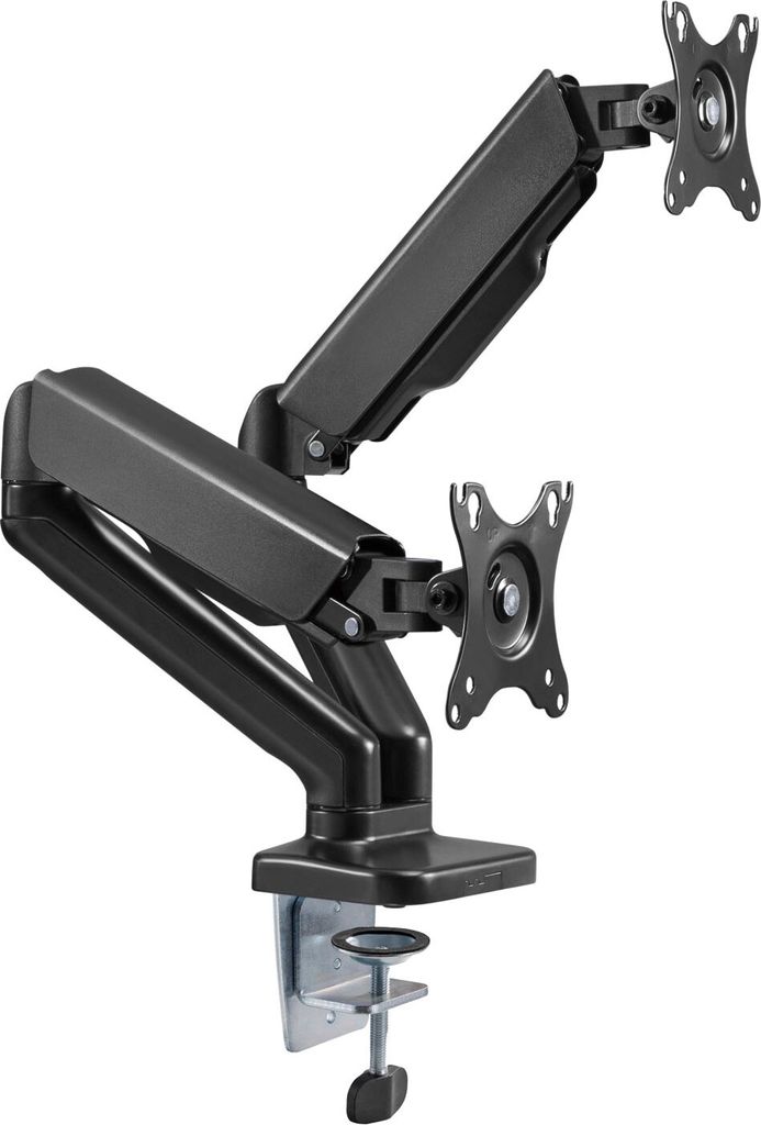 A black dual monitor desk mount with a clamp base.