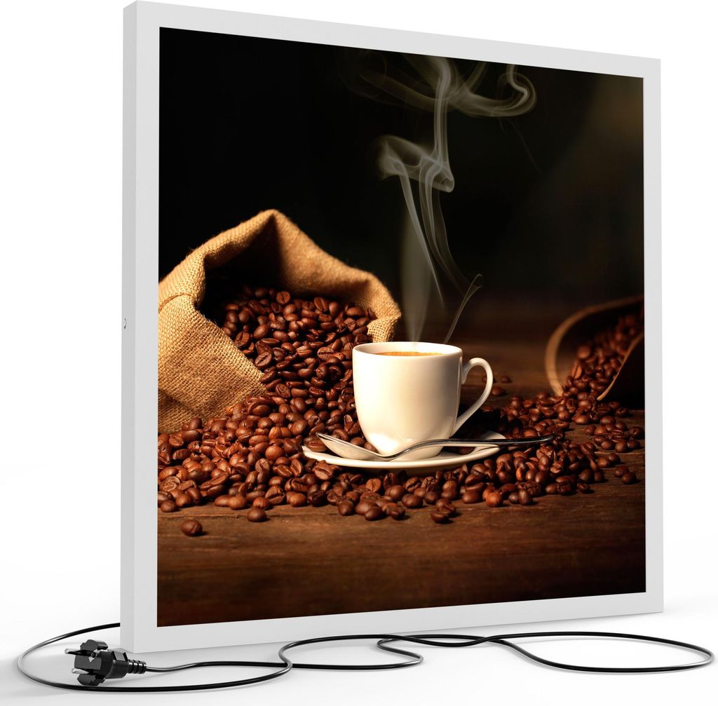 DEQORI LED-Bild & Lampe 60x60 cm Weiß 'Kaffeetasse mit Bohnen' Leuchtbild LED Leuchte