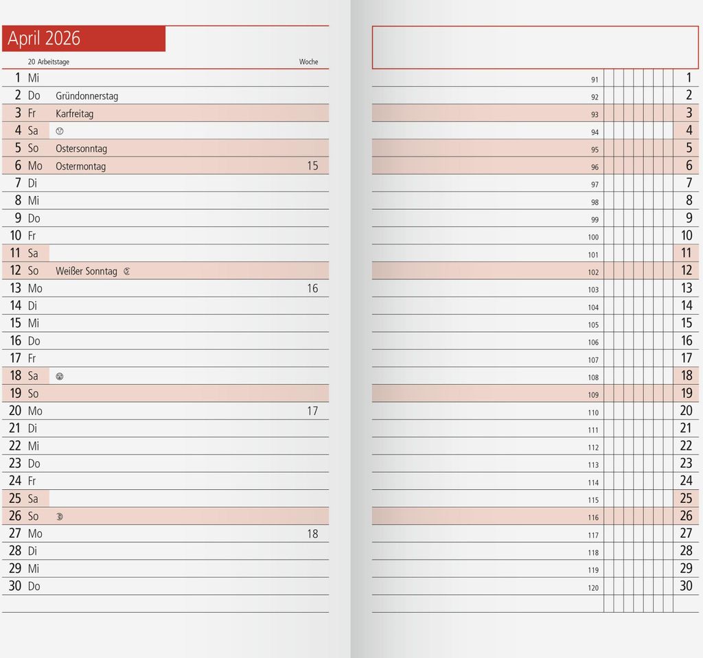 A two-page spread of a calendar for April 2026, showing daily entries and week numbers.