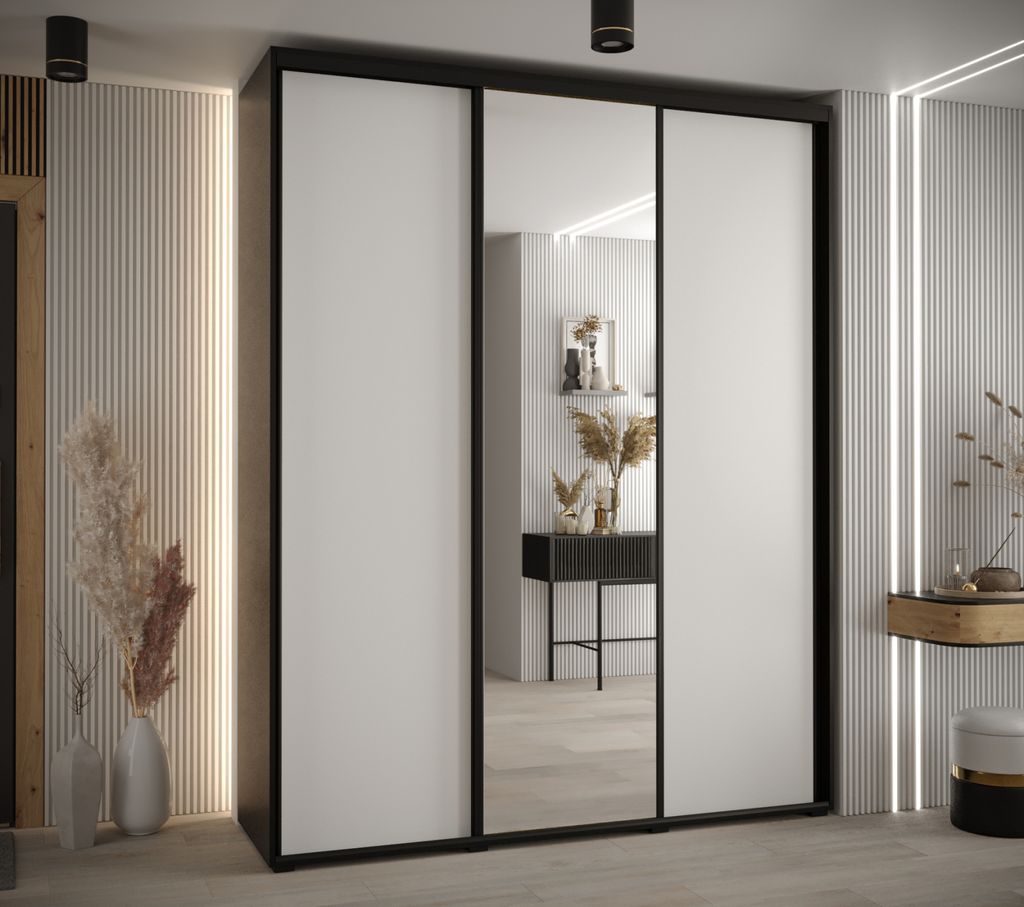 Kleiderschrank YVONA 3 - 200/45 cm, schwarz/weiß/schwarz