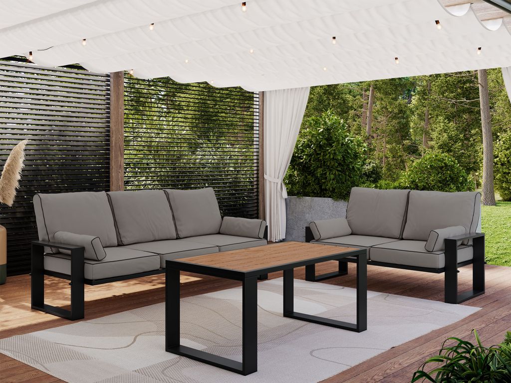 MKS MEBLE Gartenmöbel Set für Terrasse, mit Tisch für 5 Personen, auf Metallbeinen, Gartenlounge mit Sofa, Gartensofas - ELBA 2 - grau