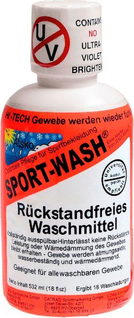 A bottle of Atsko Sport-Wash detergent.