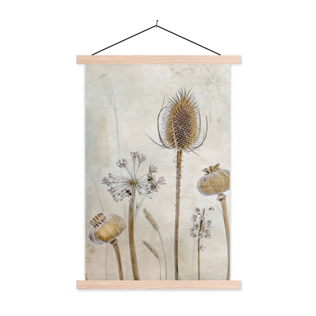 MuchoWow Textilposter Blumen - Aquarell - Stilleben - Braun - Vintage 120x180 cm mit holzfarbenen Rahmen - Textil-Plakat