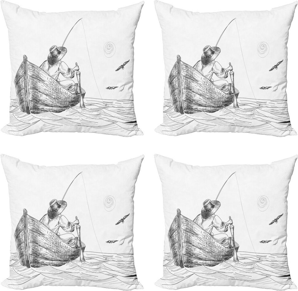 ABAKUHAUS Seagulls Kissenbezug Set (4 Stück), Fischer auf dem Boot Sketch, Moderner Doppelseitiger Digitaldruck, 60 cm x 60 cm, Charcoal Grau Weiß