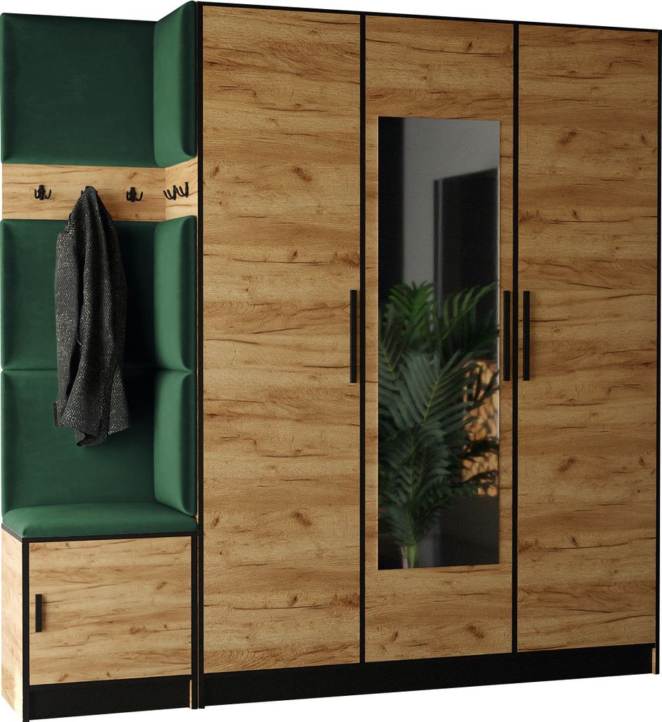 KIER FURNITURE Kleiderschrank, Eiche Craft Golden + Stoff Grün - 209,6x205x39cm