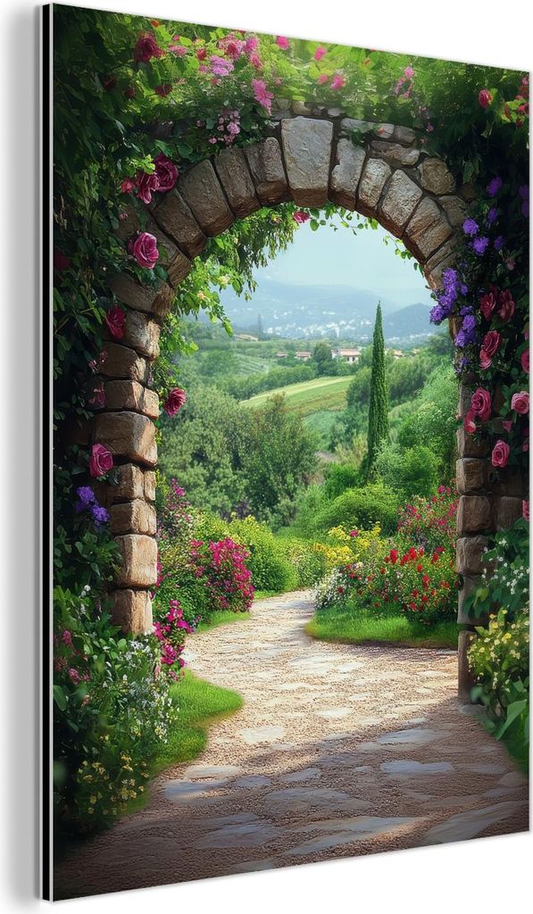 MuchoWow Wanddekoration Metall Metallbild Wandkunst 90x120 cm Durchblick - Landschaft - Blumen - Weg - Aussicht MuchoWow Aluminium Gemälde - Indus...