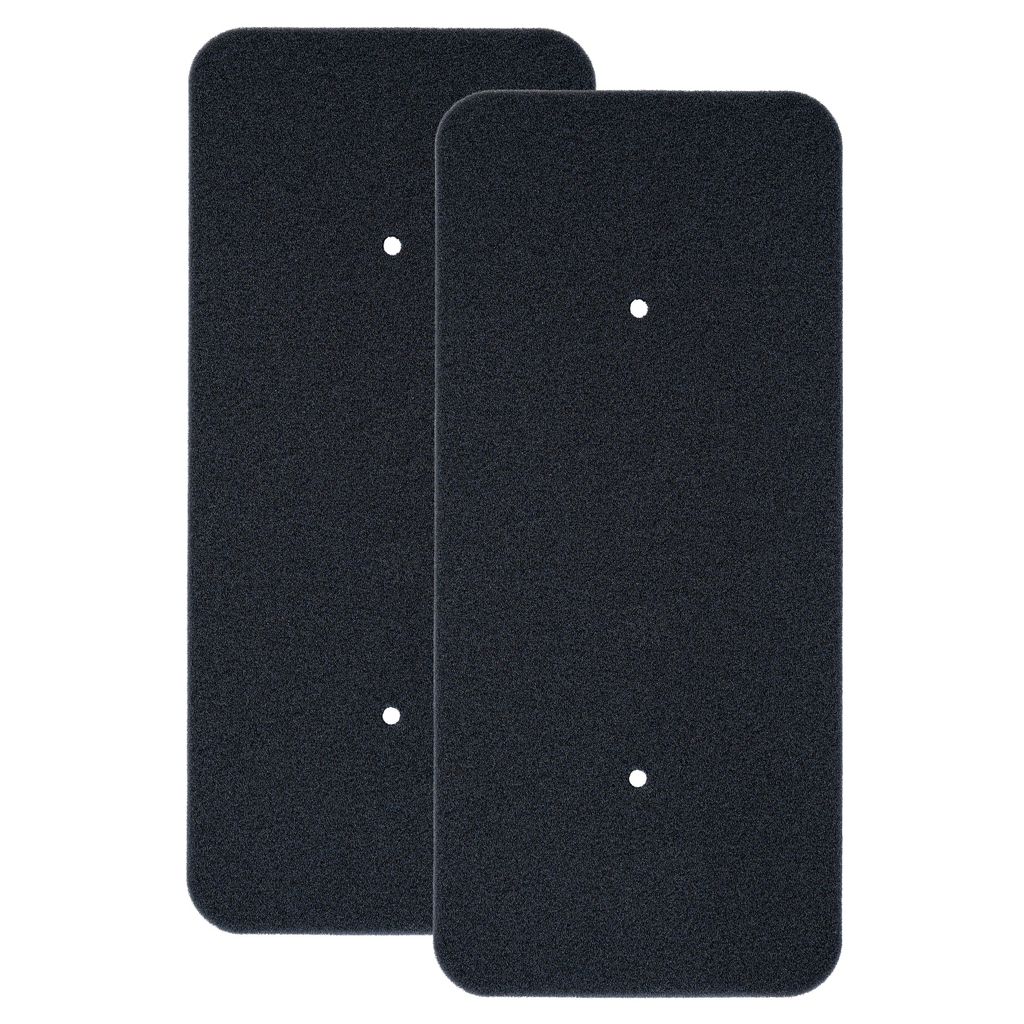 Two black rectangular filter pads with rounded corners and two small white dots each, arranged side-by-side on a white background.