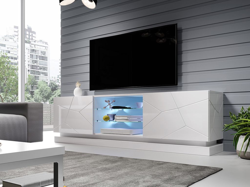 Mirjan20 TV Lowboard Qiu 20, Stilvoll TV Schrank, Design, MDF Platte Weiß  / Weiß Hochglanz, mit LED Beleuchtung