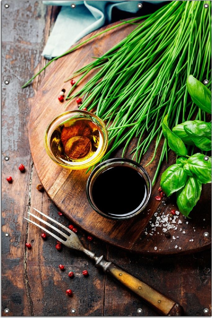 Wallario Outdoor-Poster für Garten oder Balkon, Motiv Kräuter, Öle und Gewürze auf einem Holzbrett, in ca. 120 x 180 cm