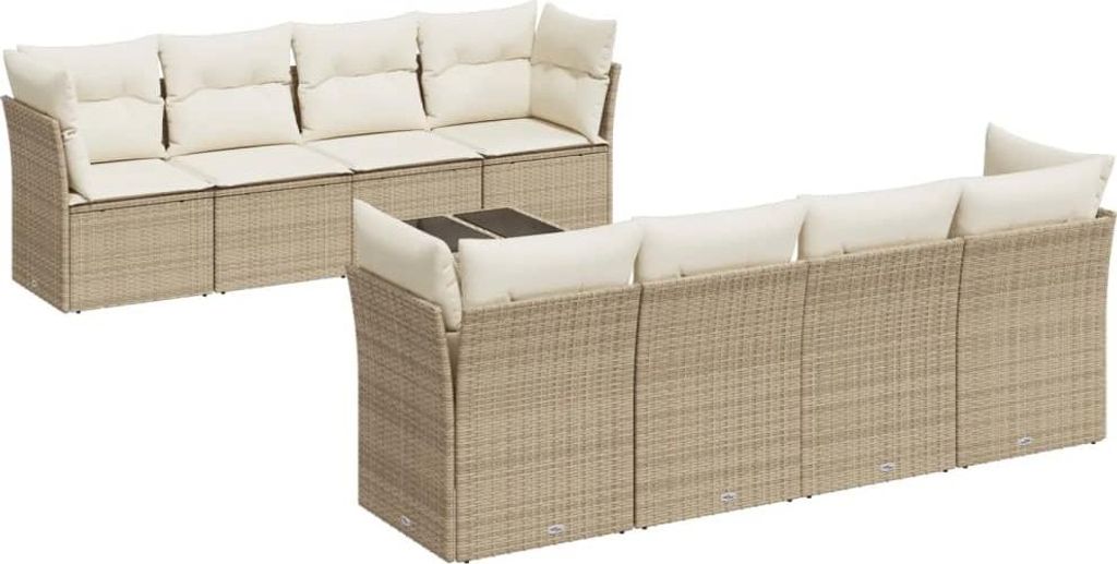 vidaXL 9-tlg. Garten-Sofagarnitur mit Kissen Beige Poly Rattan