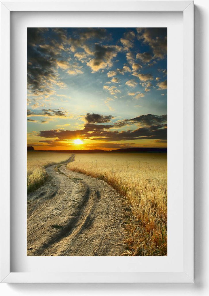 Schotterstraße und Sonnenuntergang– Wandbild mit Rahmen – Gerahmtes Bild – Wanddekoration – 40x60 cm – Weiß