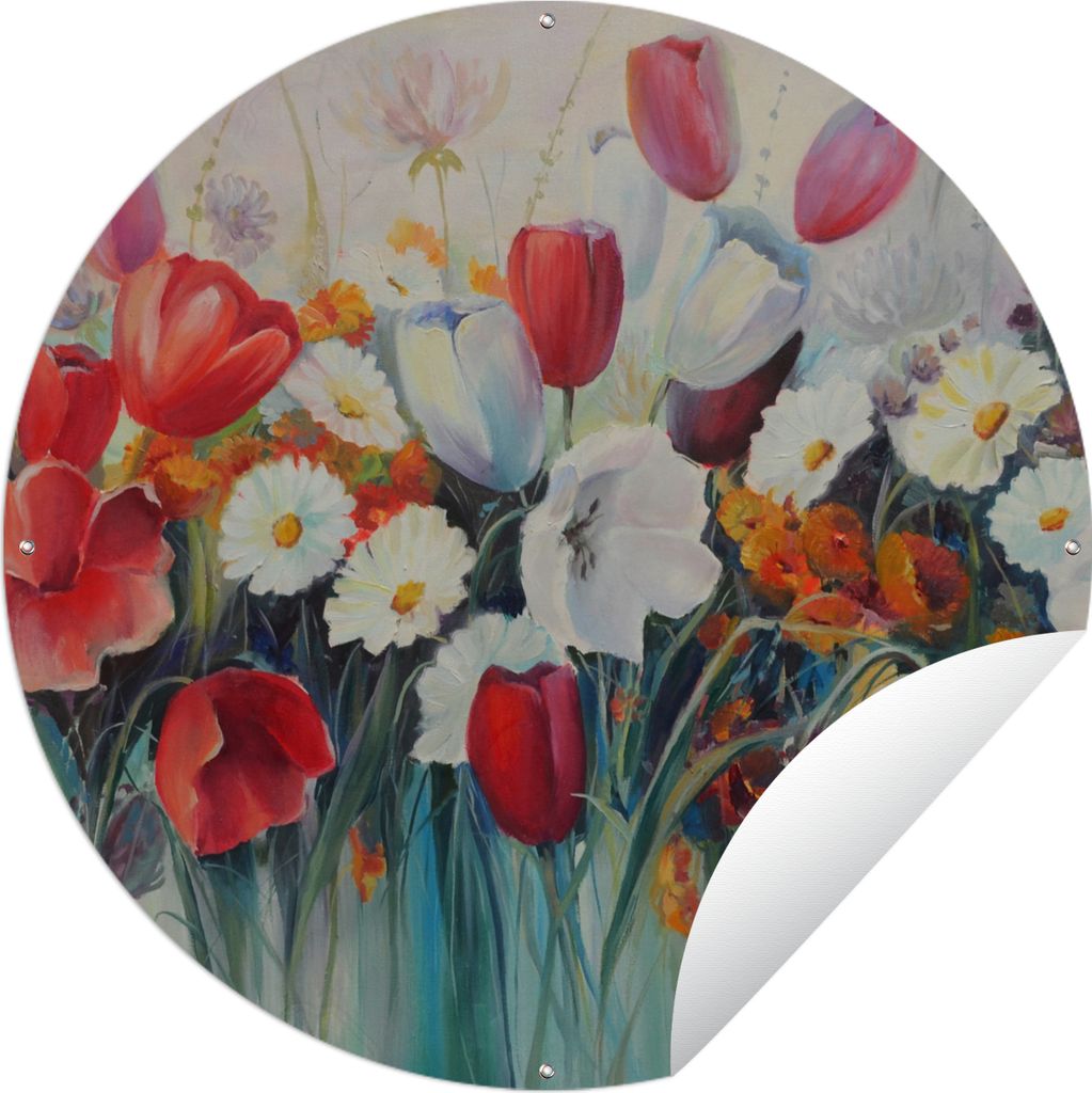 MuchoWow Gartenposter Outdoor-Poster Rund Malerei - Ölgemälde - Blumen Ø 120 cm Gartendeko Rundes Poster draußen
