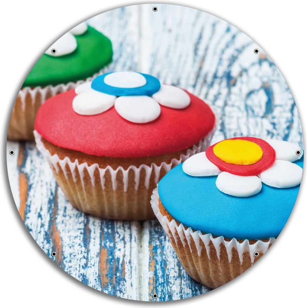 Wallario rundes Outdoor-Poster für Garten oder Balkon, Motiv Bunte Muffins - alter Holztisch - Stillleben, 60 cm Durchmesser