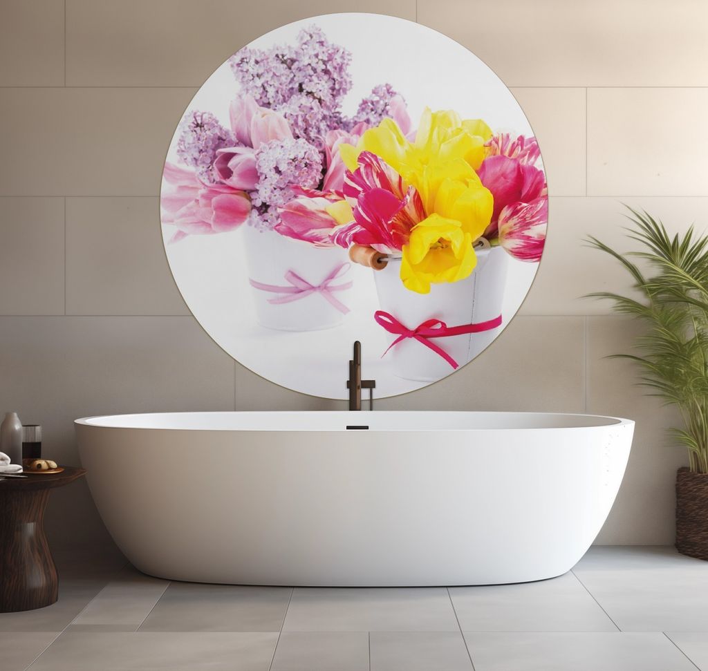 Wallario wasserfestes Poster selbstklebend 120 x 120 cm, Zwei Blumen-Bouquets aus gelben und roten Tulpen und Flieder, Badezimmerposter Spritzschut...