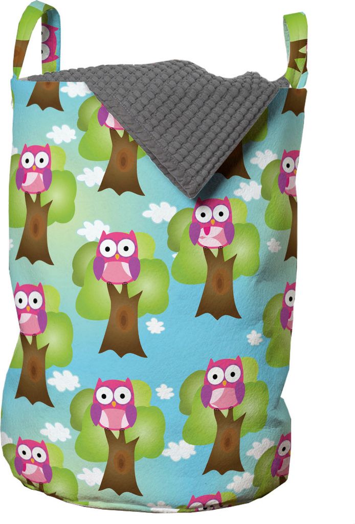 ABAKUHAUS Eule Drucken Wäschesack, Moderne Karikatur der Vögel, Wäschekorb mit Griffen Kordelzugverschluss für Waschsalons, 33 cm breit x 49 cm...