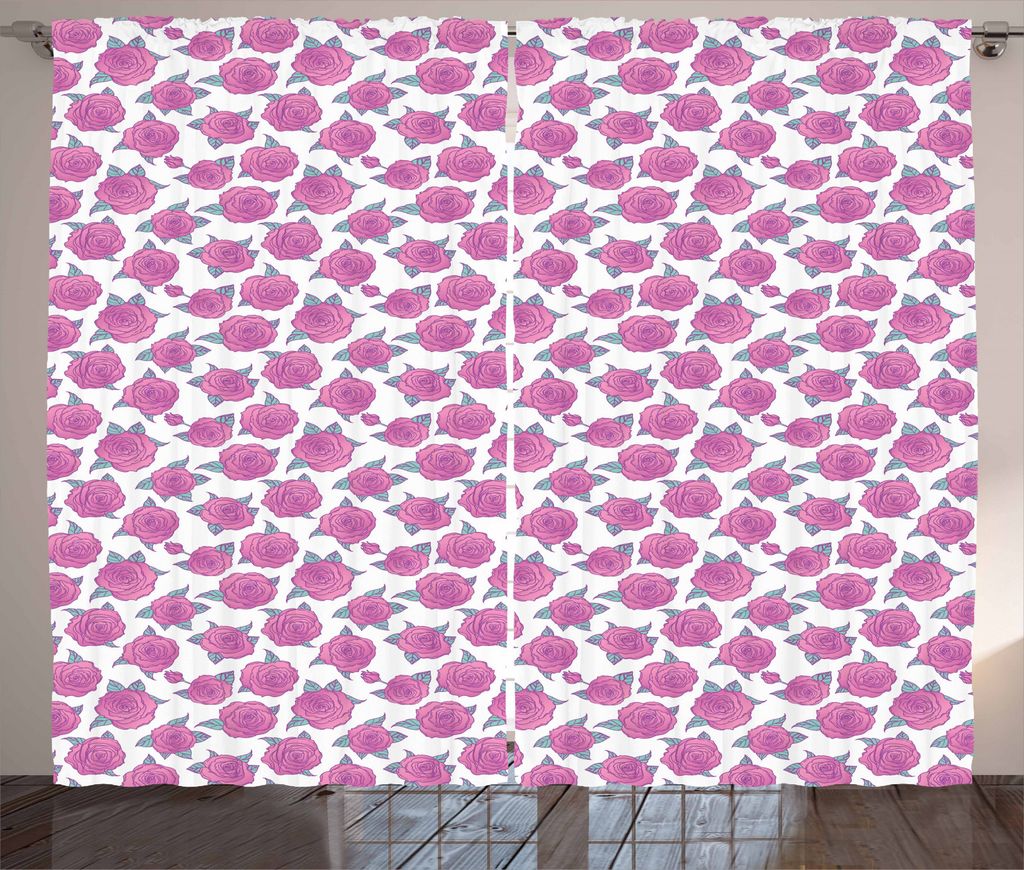 ABAKUHAUS Rose Rustikaler Vorhang, Blühende Romantisches Bouquet, Wohnzimmer Universalband Gardinen mit Schlaufen und Haken, 280 x 245 cm, Rosa un...