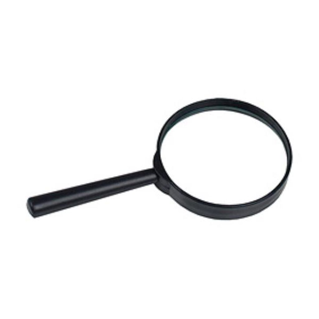 A black-handled magnifying glass with a black rim around the lens is shown against a white background.