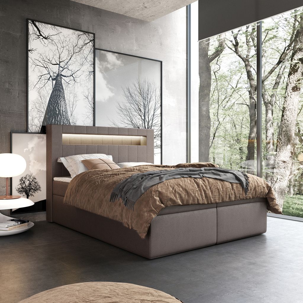 Boxspringbett Doppelbett ROTTWEIL - 140x200cm Bett mit Bonellmatratze, mit Bettkasten f r Bettw sche und Topper. Bett mit Kopfteil. LED-beleuchtete...