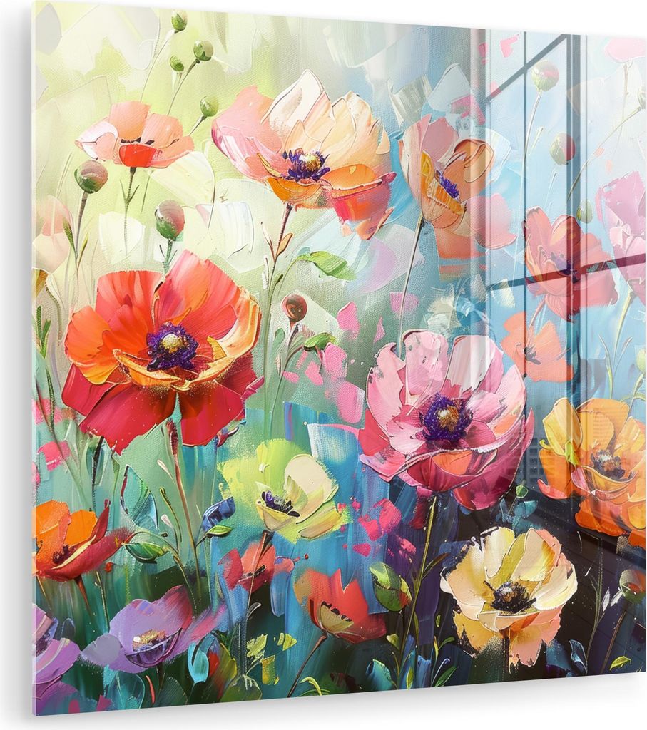 MuchoWow Glasbilder - Bilder auf Wandbild - Foto auf Glas Blumen - Farbenfroh - Aquarell - Natur - Sommer 90x90 cm Wanddekoration aus Glas - Acrylg...