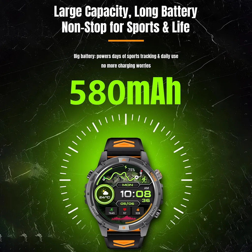 Montre de sport connectée GPS haute résolution 360x360 noir et orange - 6