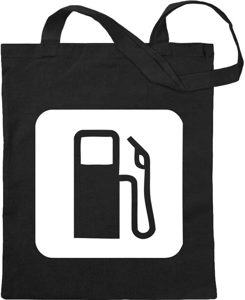 Kiwistar - Baumwolltasche - schwarz - Tankstelle Zapfsäule Piktogramme - Tragetasche Stoffbeutel Umhängetasche langer Henkel