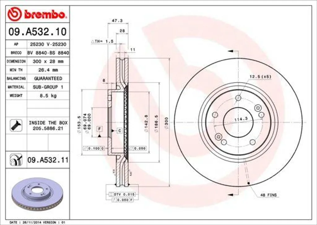 Disque de frein Brembo 09.A532.11 à haute teneur en carbone pour i40