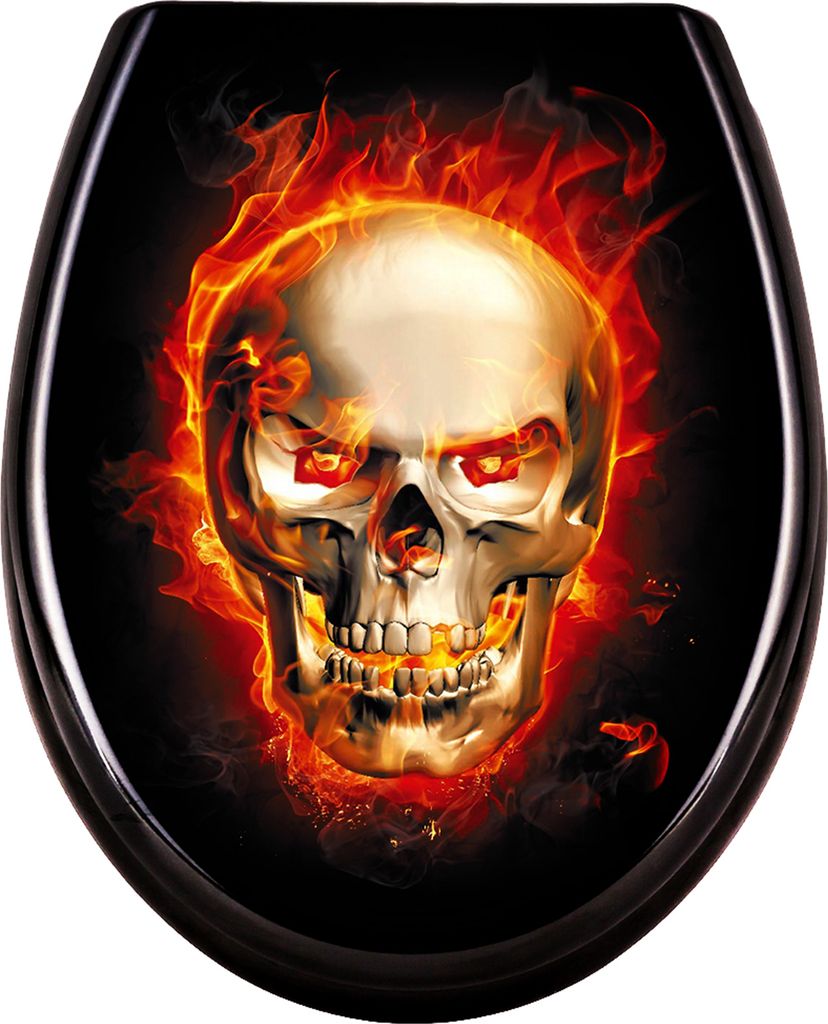 A toilet seat cover with a flaming skull design.