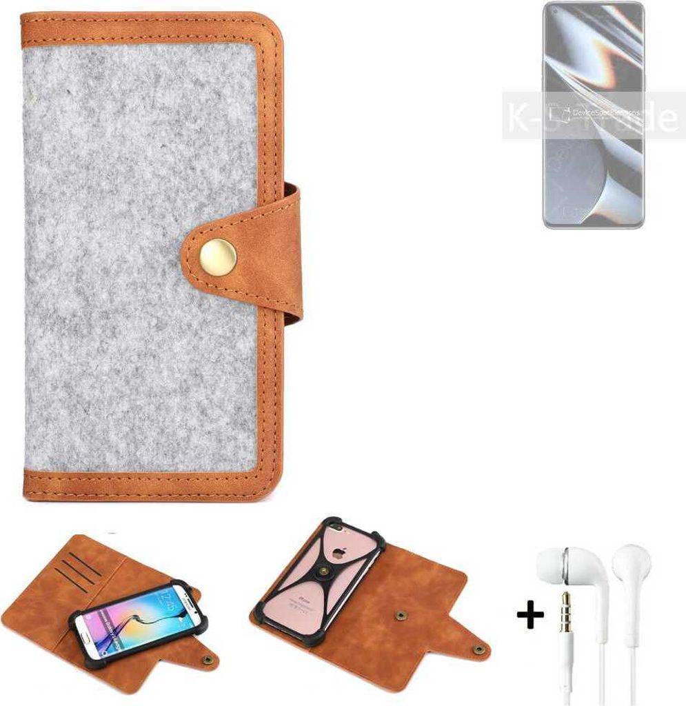 K-S-Trade Handyhülle + Kopfhörer kompatibel mit Oppo Find X5 Pro Dimensity Edition Schutzhülle Filz Hülle Kunstleder hellgrau braun (1x)