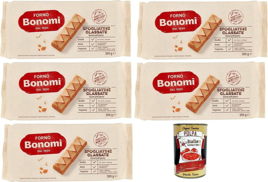 Forno Bonomi Sfogliatine Glassate, kekse, biscuits, Blätterteig mit zuckerhaltiger Glasur 5x 200g + Italian Gourmet polpa 400g