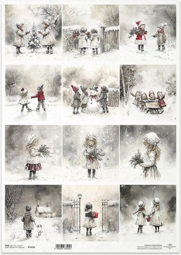 Reispapier für Decoupage A3 - Kinder, Winterszenen, Schneemann - R1523L - Itd Collection