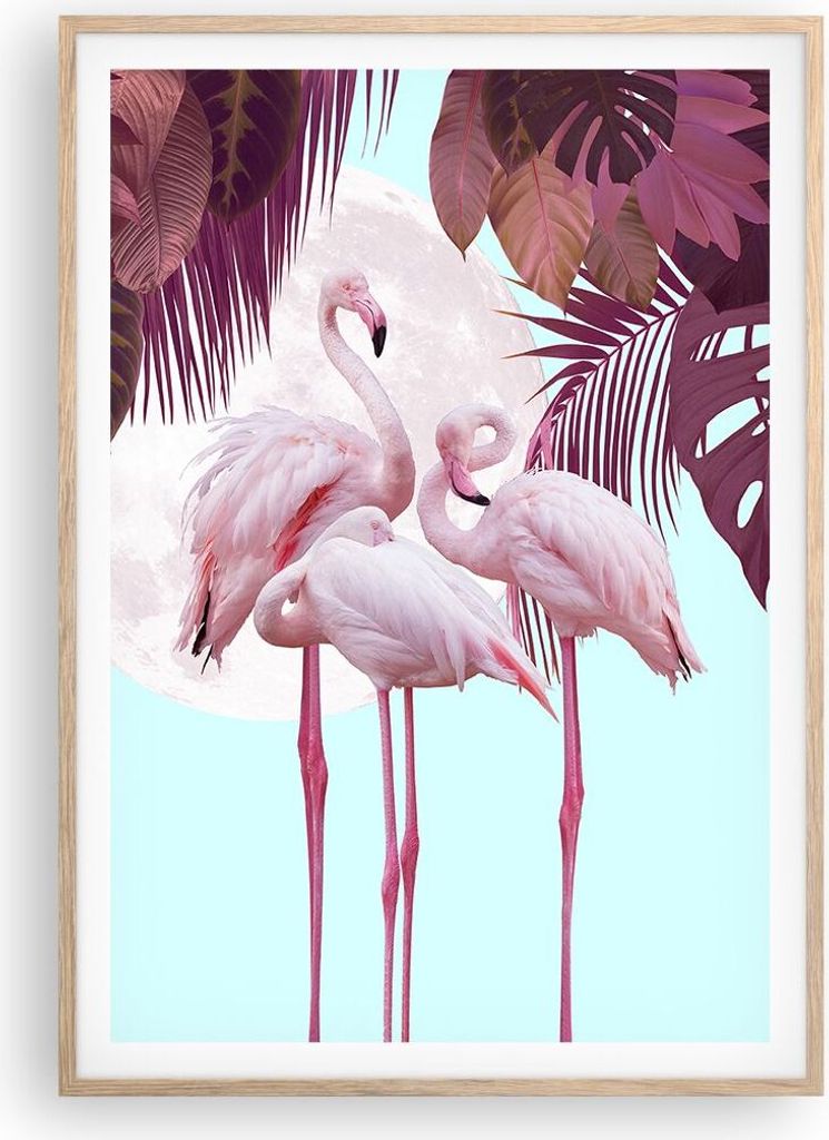 Gerahmtes Poster - Rahmen in heller Eiche - Flamingos Palmen Mond - 70x100 cm - Wand Bild - Wanddeko - Wandbilder - Kunstposter - Wandposter - Bild...