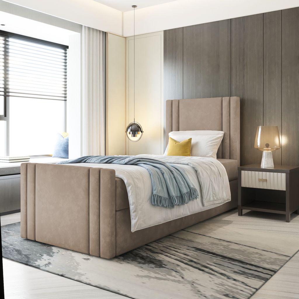Bett, Boxspringbett RALI MINI mit Fußteil und T25 Topper, Einzelbett, Stauraum, Schlafzimmer, Polsterbett, 90x200 cm. (Cappuccino - Itaka 48)
