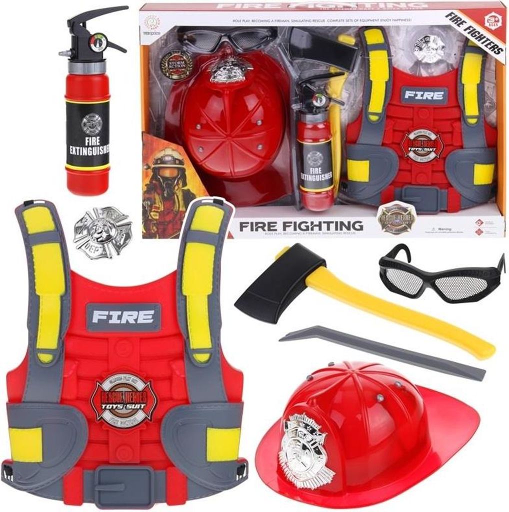 A collection of firefighter toy accessories laid out on a white background.