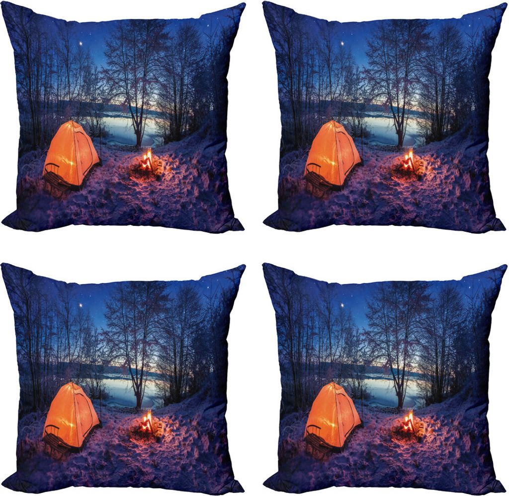 ABAKUHAUS Wald Kissenbezug Set (4 Stück), Nachtkampierendes Abenteuer, Moderner Doppelseitiger Digitaldruck, 40 cm x 40 cm, blau orange