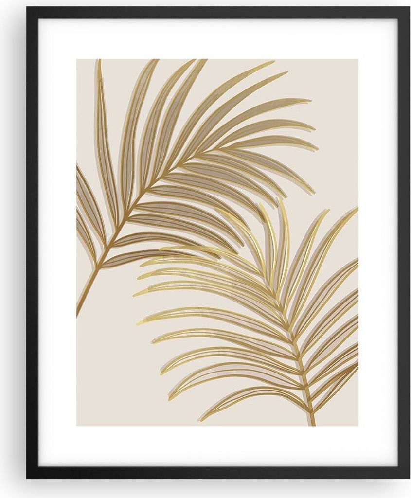 Gerahmtes Poster - Schwarzer Rahmen - Golden Blätter Palmen - 40x50 cm - Wand Bild - Wanddeko - Wandbilder - Kunstposter - Wandposter - Bilderrahm...