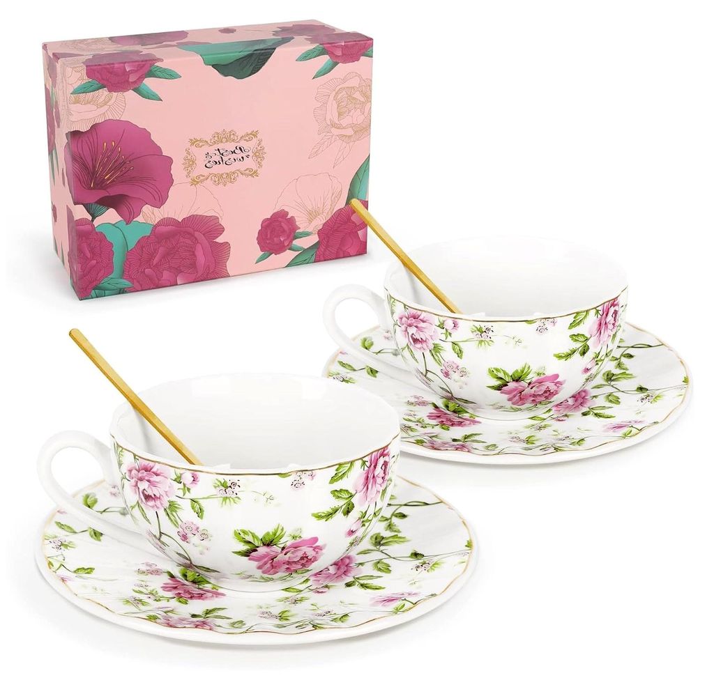Teetassen Set 2er – Vintage Floral Porzellan Tassen und Untertassen mit Löffel, 200 ml, Britisches Teeservice, Geschenkset für Mama, Freundin, ...