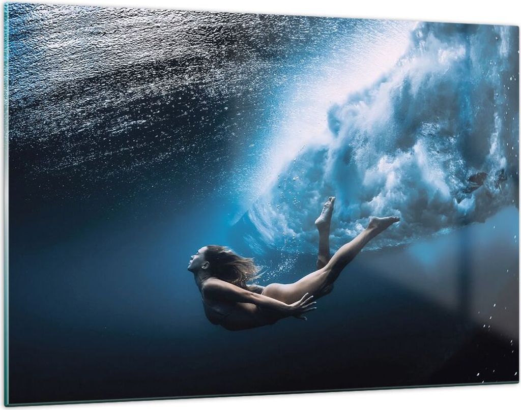 Bilder auf glas - Einteilig - Tauchen Frau Wellen - 120x80cm - Glasbilder - Wandbilder - Bilder - zum Aufhängen bereit - Wanddekoration aus Glas -...