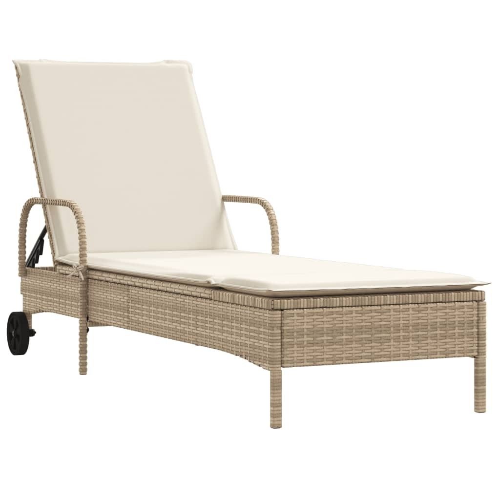 A beige poly rattan sun lounger with a cream cushion, shown from a side angle against a white background.