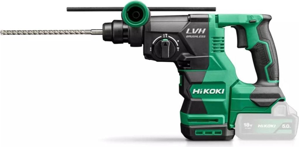A cordless rotary hammer drill with a drill bit attached, shown against a white background.