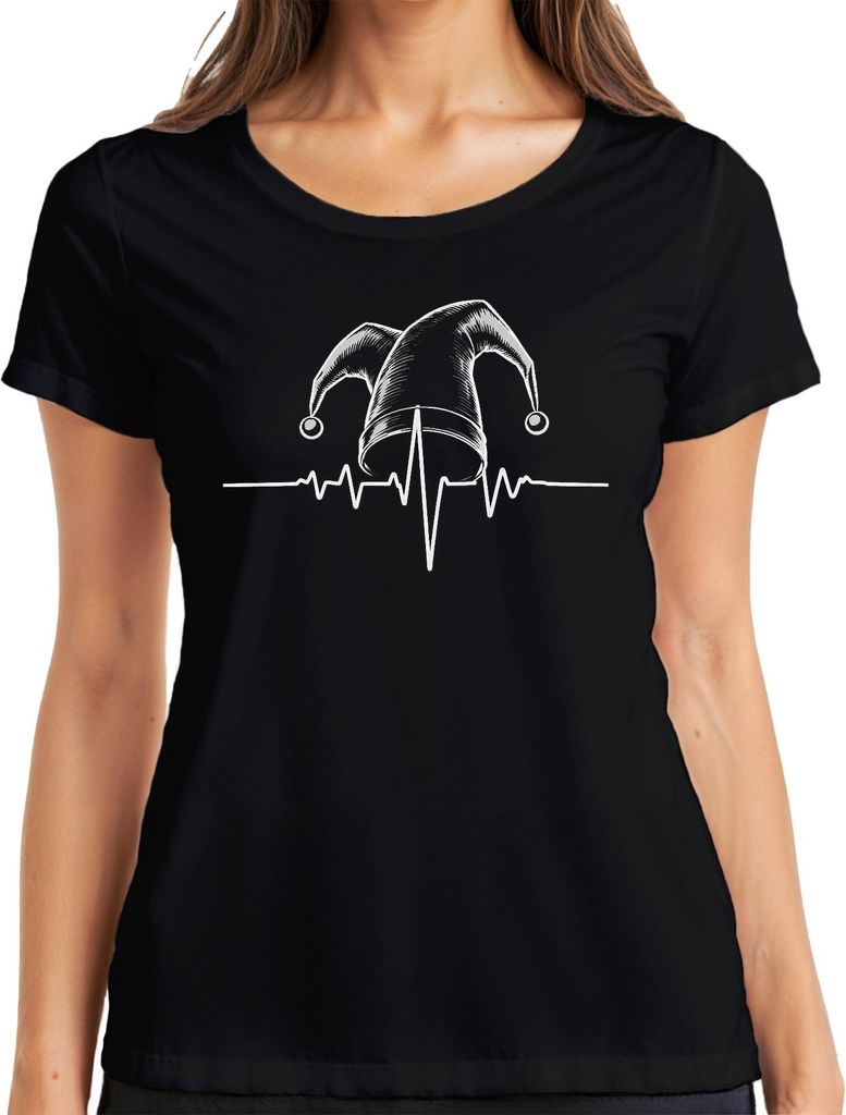 Narrenkappe Herzschlag EKG Karneval Clown Kardiologie Retro Damen T-Shirt, Schwarz, L