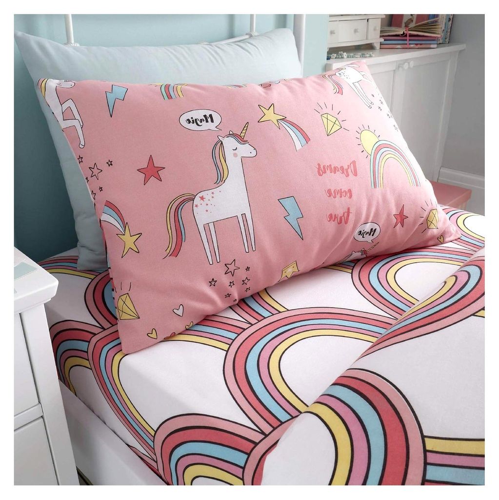 Bettwäsche-Set für Mädchen - Einhörner & Regenbögen - wendbar - Rosa - Einzelbett