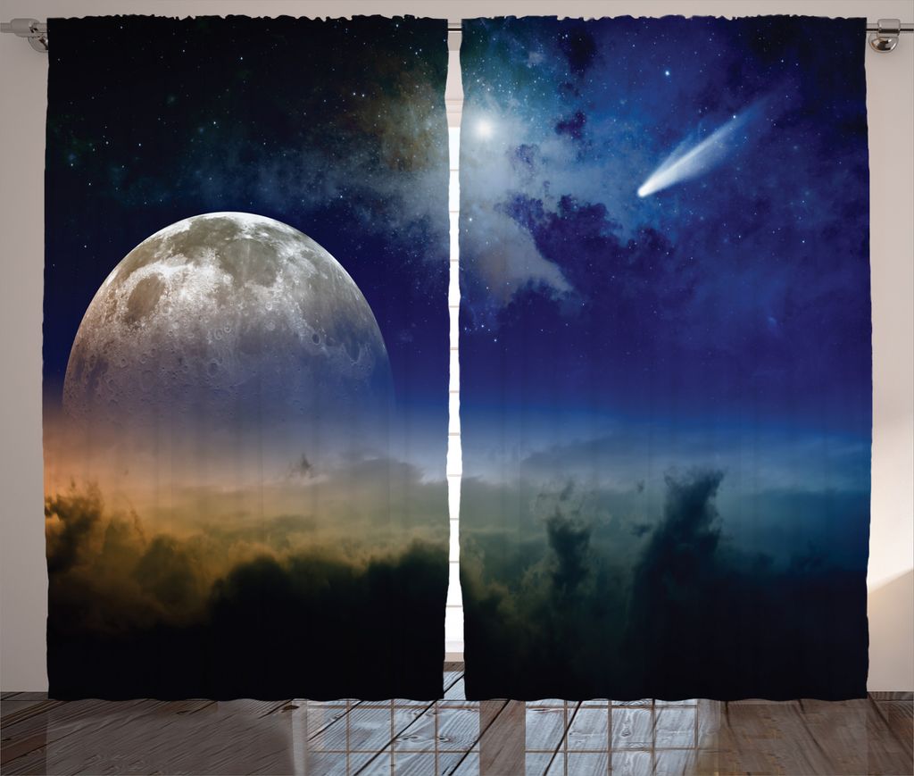 ABAKUHAUS Weltraum Rustikaler Vorhang, Wolken Vollmond, Wohnzimmer Universalband Gardinen mit Schlaufen und Haken, 280 x 225 cm, Blau Gelb