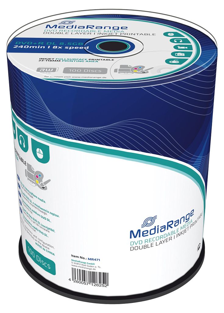MediaRange MR471, DVD+R DL, Druckbar, Tortenschachtel, 100 Stück(e), 8,5 GB