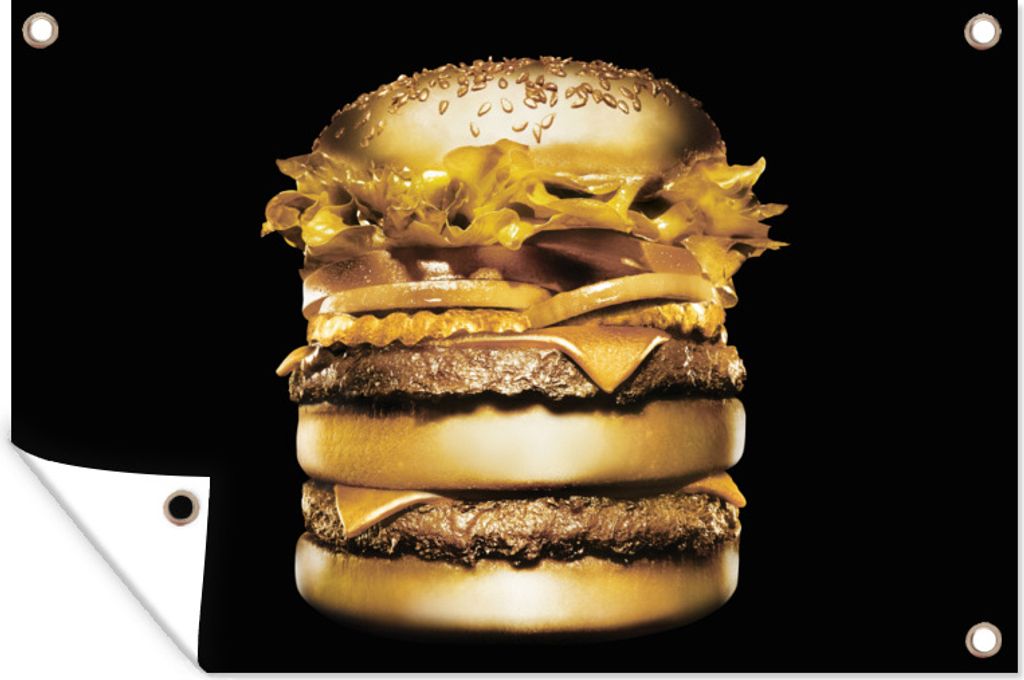 MuchoWow 90x60 cm Outdoor-Poster Gartendeko Sichtschutz Garten Poster für den Garten Goldener Hamburger auf schwarzem Hintergrund.